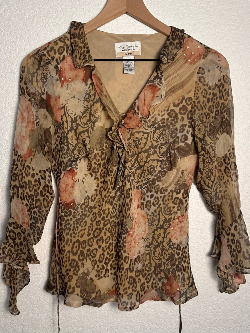 New York City Romance Ruffled Sheer Blouse - Tan/Pink Floral Leopard